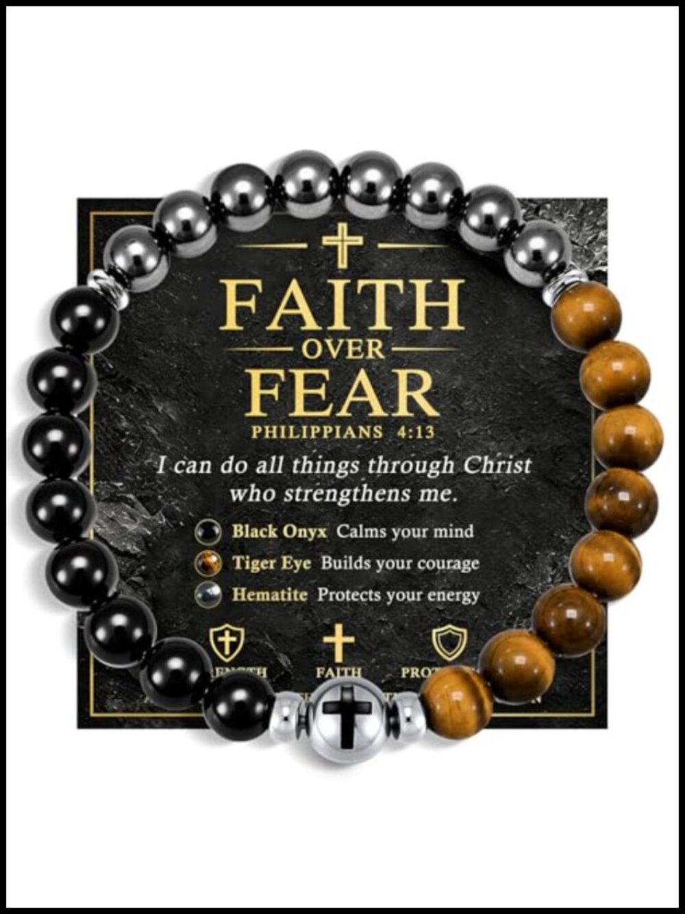 Men's Cross Beaded Bracelet Stainless Steel Hematite Black Onyx Tiger Eye